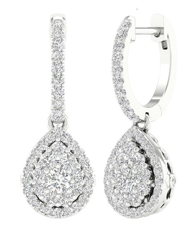 JK Crown. Lab Grown 1ctw. Diamond Cluster Pear Dangle Earrings in 14k White Gold image number null
