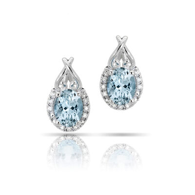 Aquamarine & Diamond Oval Heart Earrings in 10k White Gold 