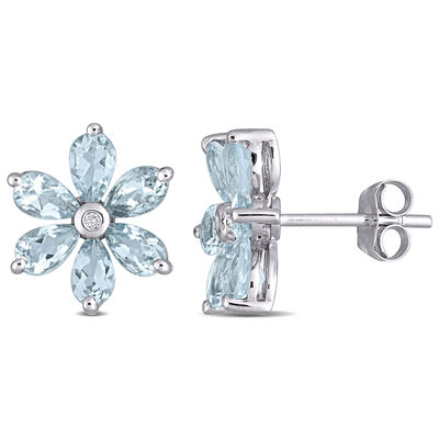 Aquamarine & Diamond Floral Stud Earrings in 14k White Gold