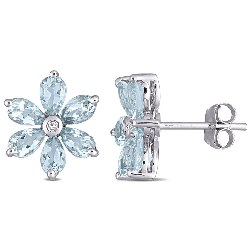 Aquamarine & Diamond Floral Stud Earrings in 14k White Gold image number null