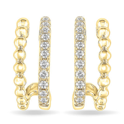 Diamond .20ctw. 2-Row Bead J-Hoop Earrings in 10k Yellow Gold