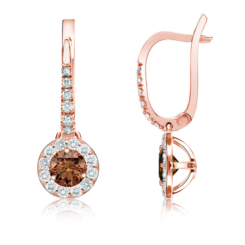 Champagne ¾ct. Drop Diamond Halo Earrings in 14k Rose Gold image number null