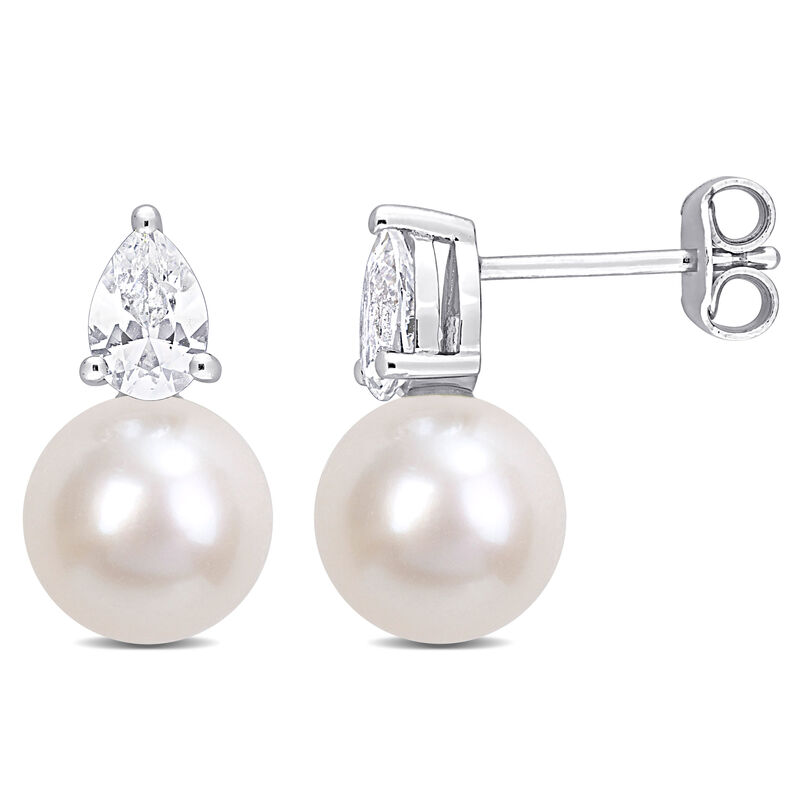 Created White Sapphire & Freshwater Cultured Pearl Stud Earrings in Sterling Silver image number null