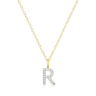 Lab Grown Diamond Letter R Initial Pendant Necklace in 14k Yellow Gold Plated Sterling Silver