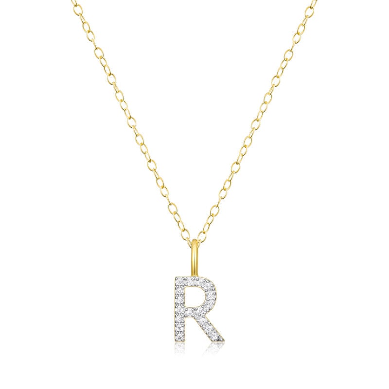 Lab Grown Diamond Letter R Initial Pendant Necklace in 14k Yellow Gold Plated Sterling Silver image number null