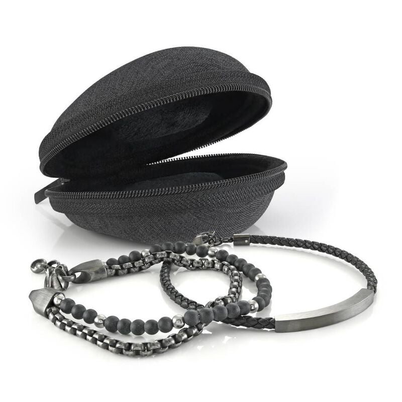 Italgem Steel Stainless Steel, Onyx Bead & Black Leather Bracelet Set image number null