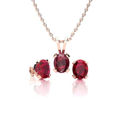 Oval-Cut Ruby Necklace & Earring Jewelry Set in 14k Rose Gold Plated Sterling Silver