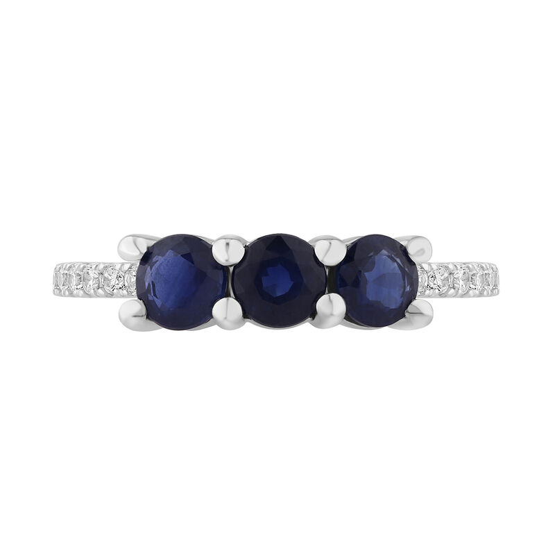 Brilliant-Cut 3-Stone Blue Sapphire & Diamond Ring in 10K White Gold image number null