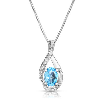 Oval-Cut Blue Topaz & Diamond Swirl Pendant in Sterling Silver