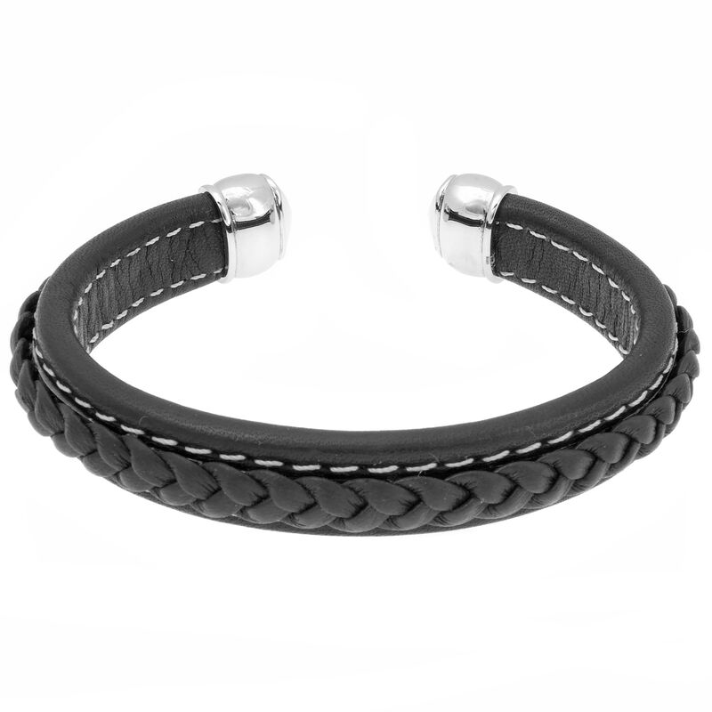 Men's Stainless Steel Black Braided Leather Cuff image number null