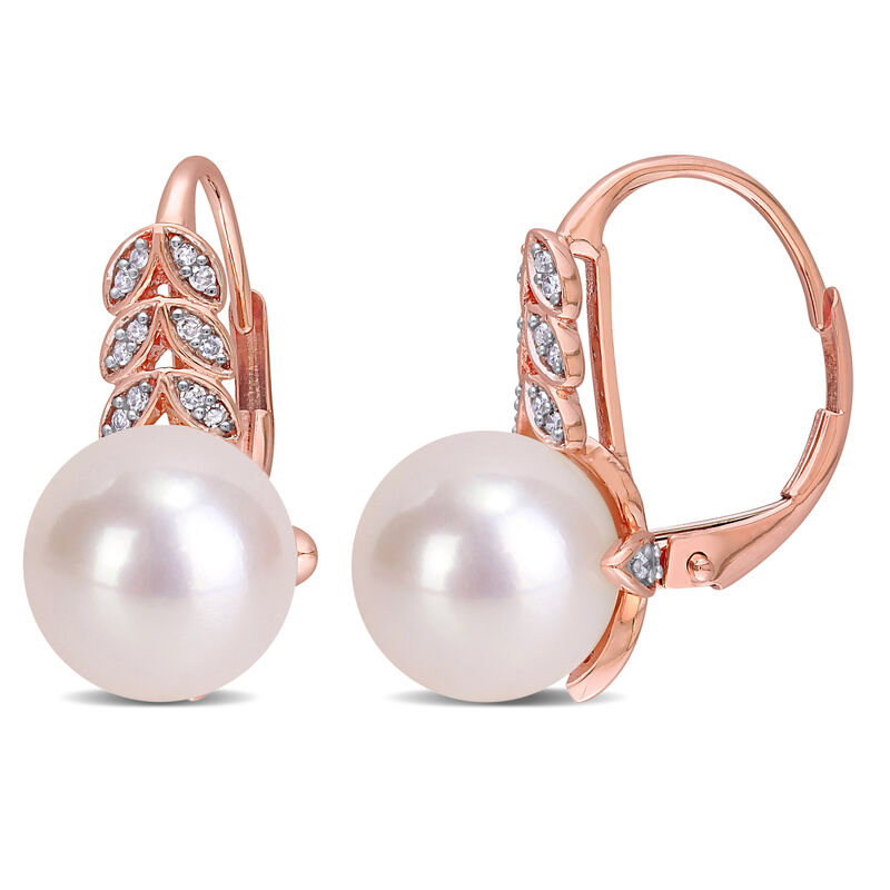 Diamond & White Pearl Leaf Drop Earrings 1/6ctw in 10k Rose Gold image number null