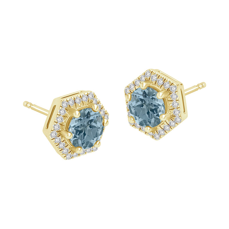 Round Blue Topaz & Diamond Hexagon Stud Earrings in 10k Yellow Gold image number null