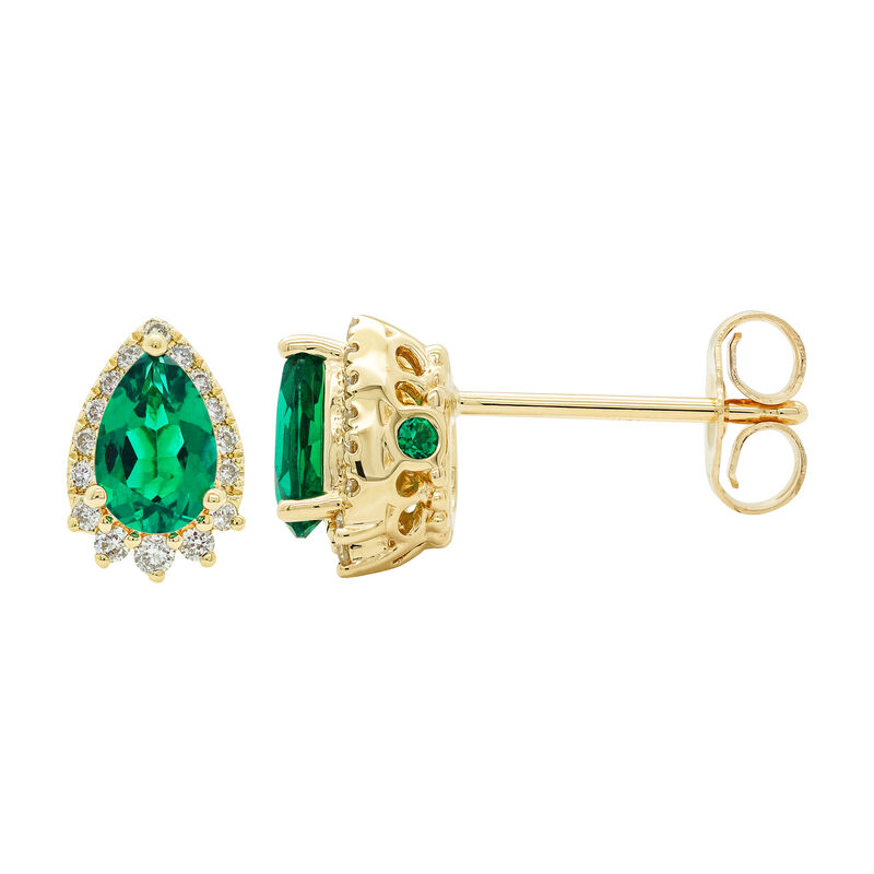 JK Crown Collection Pear-Shaped Created Emerald Diamond Earrings in 10k Yellow Gold image number null
