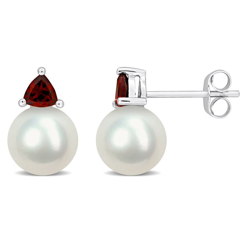 Garnet & Freshwater Cultured Pearl Stud Earrings in 10k White Gold image number null