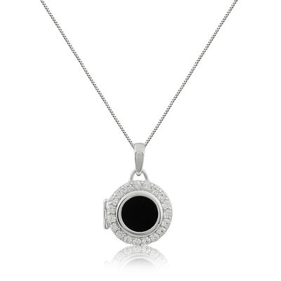 Onyx & Created White Sapphire Locket Necklace in Sterling Silver 