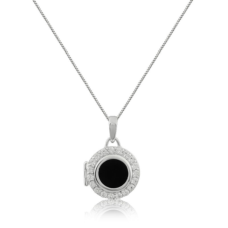 Onyx & Created White Sapphire Locket Necklace in Sterling Silver  image number null