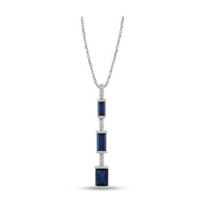 Cascading Created Blue Sapphire & Diamond Triple Pendant in Sterling Silver