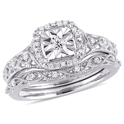 Diamond Halo Vintage Inspired 1/5ctw. Bridal Set in Sterling Silver