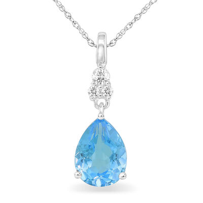 Pear-Shaped Blue Topaz & Diamond Drop Pendant in 10k White Gold
