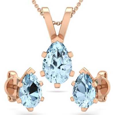Pear Aquamarine Necklace & Earring Jewelry Set in 14k Rose Gold Plated Sterling Silver