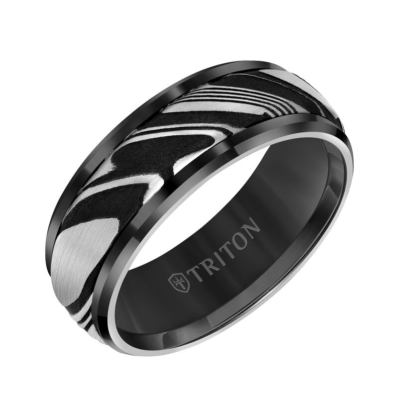 Triton Men's 8mm Black Tungsten Carbide & Damascus Steel Wedding Band image number null