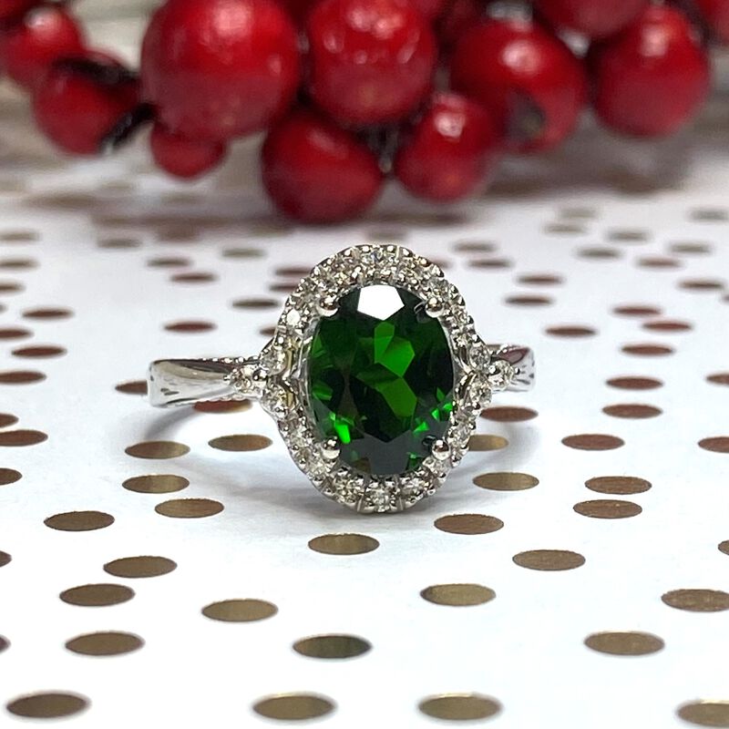 JK Crown® Oval Green Chrome Diopside & Diamond Halo Ring in 10k White Gold image number null