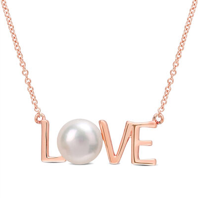 Freshwater Pearl Love Necklace in 10k Rose Gold