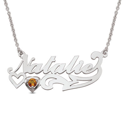 Nameplate Necklace with Birthstone Charm in Sterling Silver