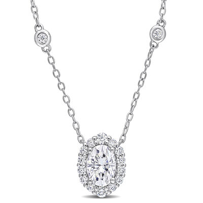 Oval 1 1/2ctw. Created Moissanite Halo Necklace in Sterling Silver