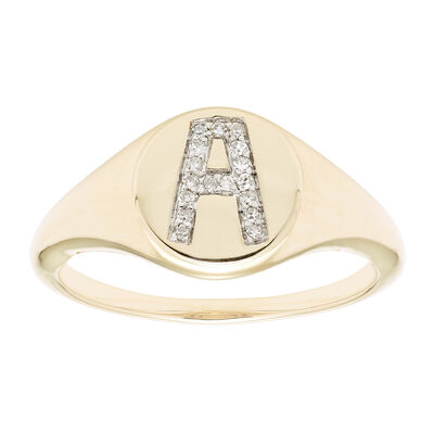 Diamond Initial A Signet Ring in 14k Yellow Gold