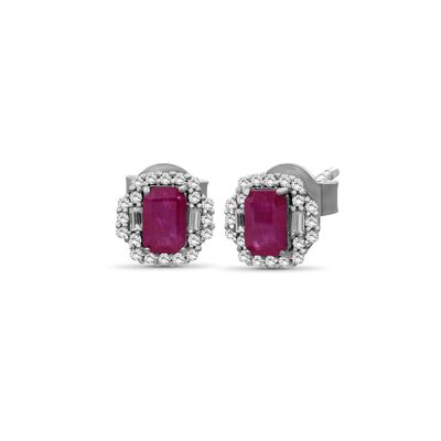 Emerald-Cut Ruby & Diamond Halo Stud Earrings in 10k White Gold