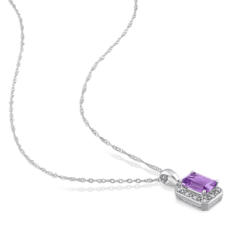 Emerald-Cut Amethyst & Diamond Halo Pendant in 14k White Gold image number null