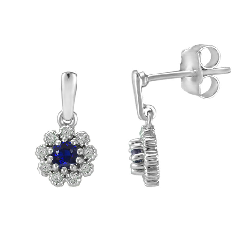 Sapphire & Diamond Flower Dangle Earrings in 10k White Gold image number null