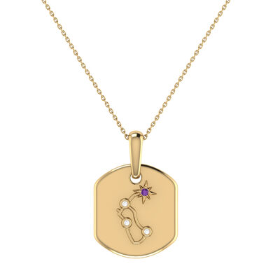 Diamond and Amethyst Aquarius Constellation Zodiac Tag Necklace in 14k Yellow Gold Plated Sterling Silver