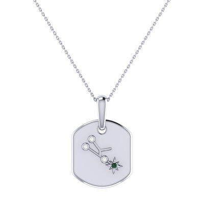 Diamond and Emerald Taurus Constellation Zodiac Tag Necklace in Sterling Silver