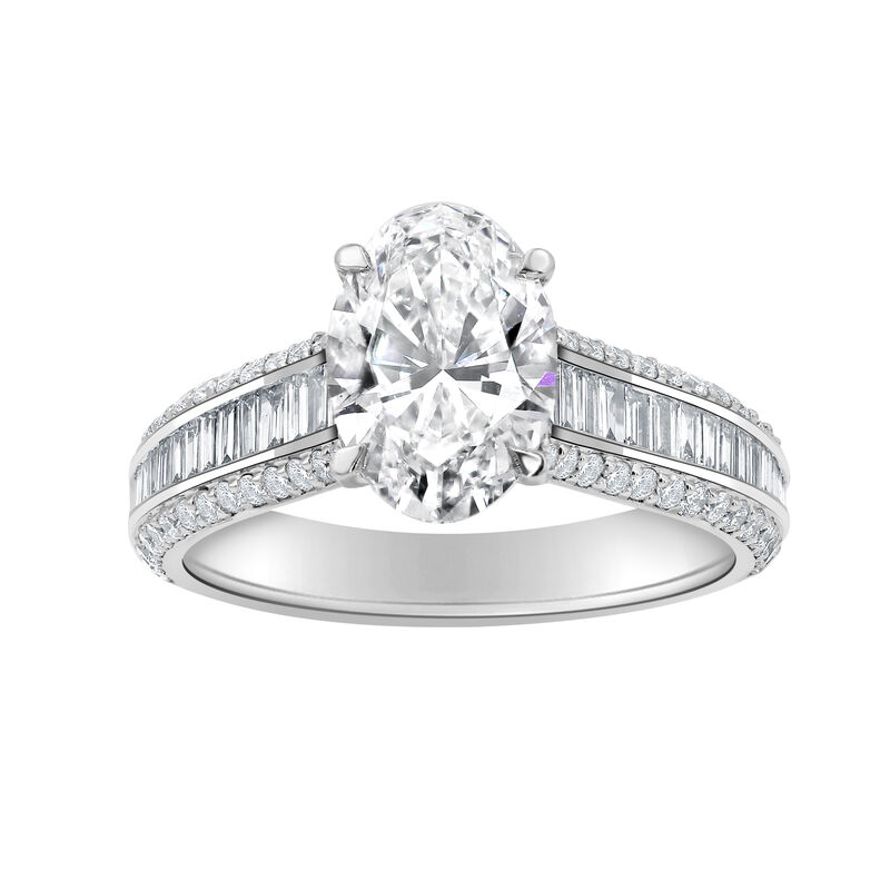 Oval-Cut Lab Grown 3ctw. Diamond Brilliant & Baguette-Cut Cathedral Engagement Ring in 14k White Gold image number null