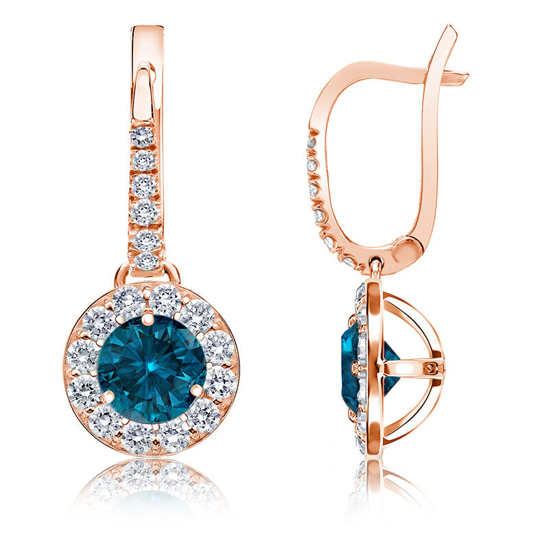 Drop 1½ct. Blue Diamond Halo Earrings in 14k Rose Gold image number null