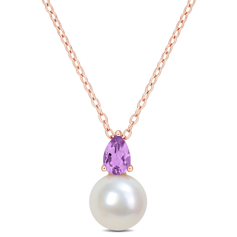 Amethyst & Freshwater Cultured Pearl Necklace in Rose Plated image number null