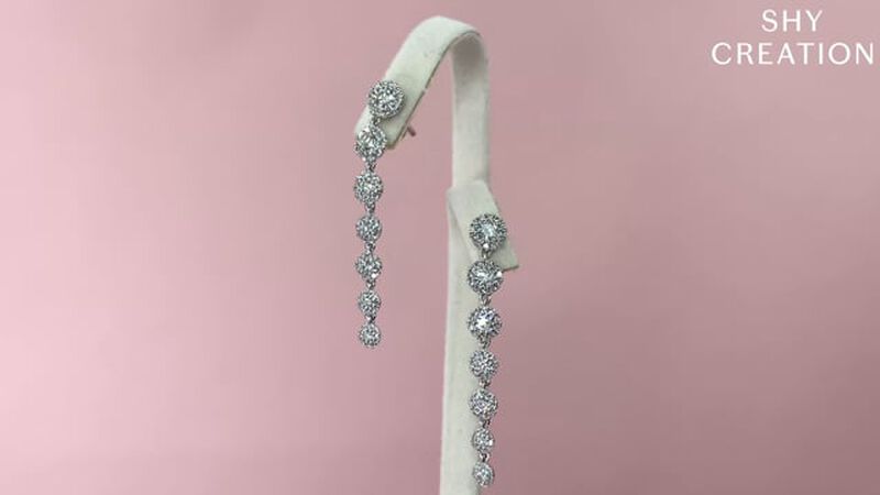 Shy Creation 0.80 ctw Graduated Diamond Dangle Earrings in 14k White Gold image number null