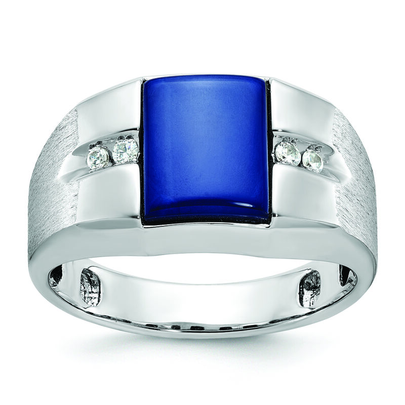 Men's Cushion-Cut Created Blue Star Sapphire & Diamond Ring in 10k White Gold image number null