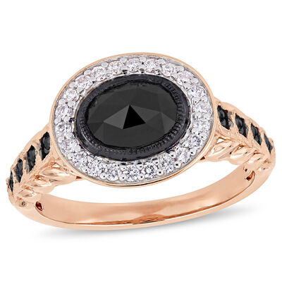 Horizontal Oval Black & White Diamond Halo 1.25ctw. Engagement Ring in Rose Gold