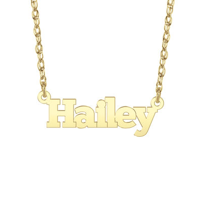 High Polished Block Font Nameplate Necklace in Gold Plated Sterling Silver