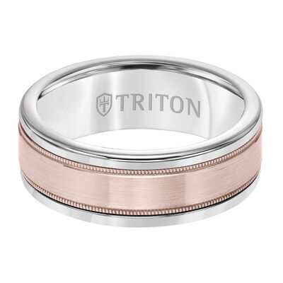 Triton Men's 8mm White Tungsten Carbide and 14k Rose Gold Satin Finish Center Wedding Band