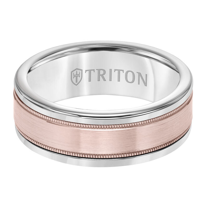 Triton Men's 8mm White Tungsten Carbide and 14k Rose Gold Satin Finish Center Wedding Band image number null