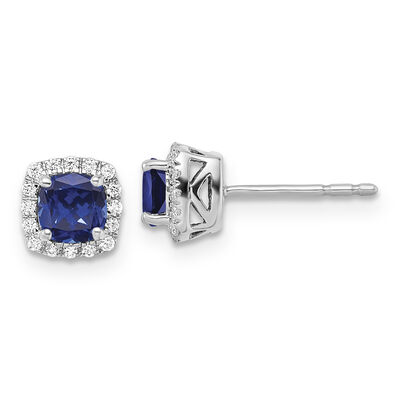 Cushion-Cut Created Blue Sapphire & Diamond Halo Stud Earrings in Sterling Silver