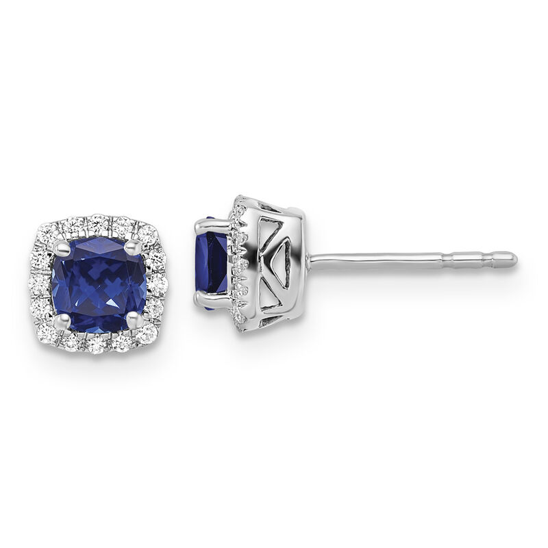 Cushion-Cut Created Blue Sapphire & Diamond Halo Stud Earrings in Sterling Silver image number null