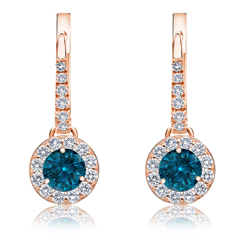 Drop 3/4ct. Blue Diamond Halo Earrings in 14k Rose Gold image number null