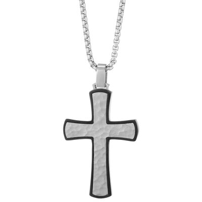 Men's Stainless Steel & Black Ion-Plate Hammered Cross Necklace