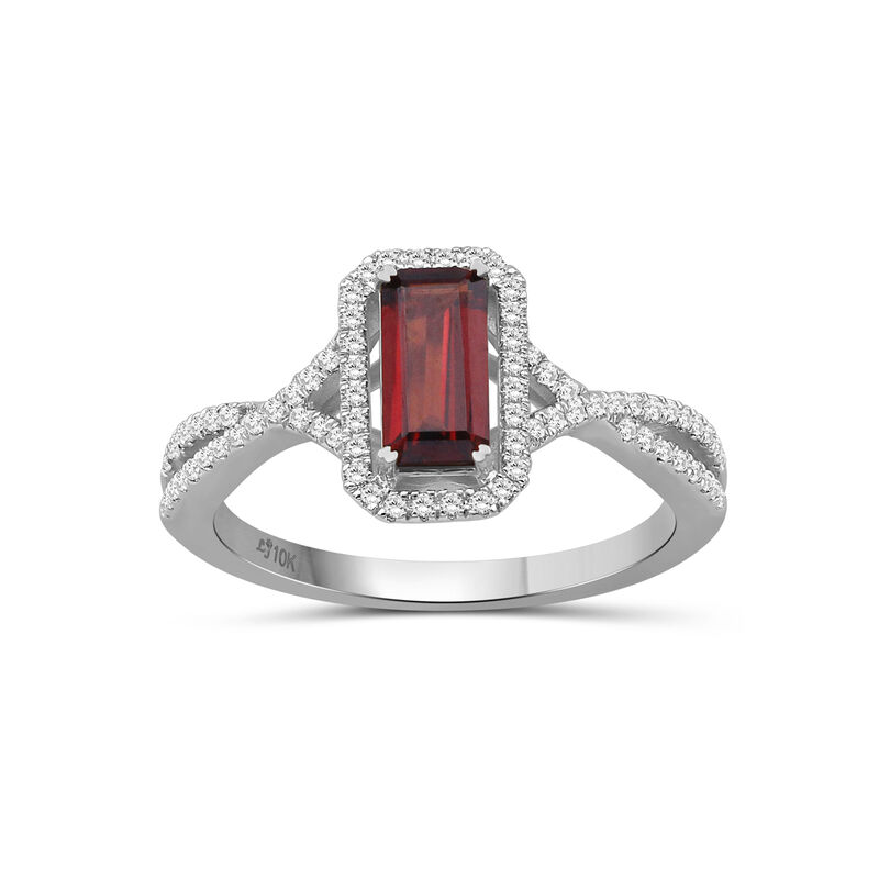 Emerald-Cut Elongated Garnet & Diamond Ring in 10k White Gold image number null