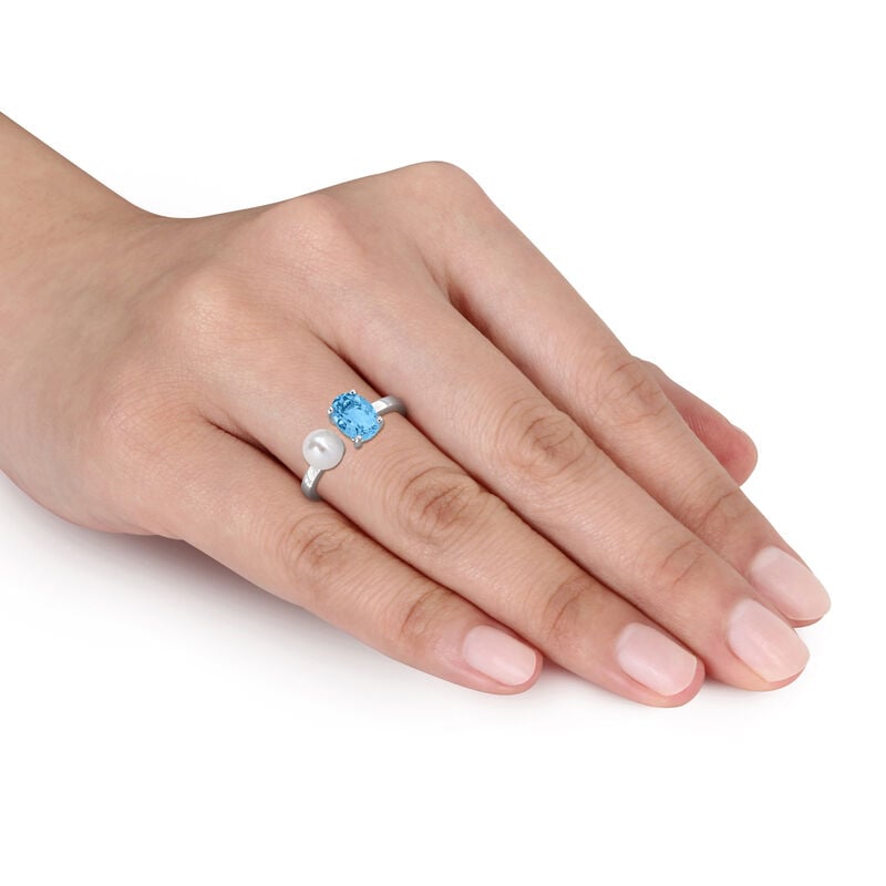 Blue Topaz & Freshwater Cultured Pearl Ring in Sterling Silver image number null